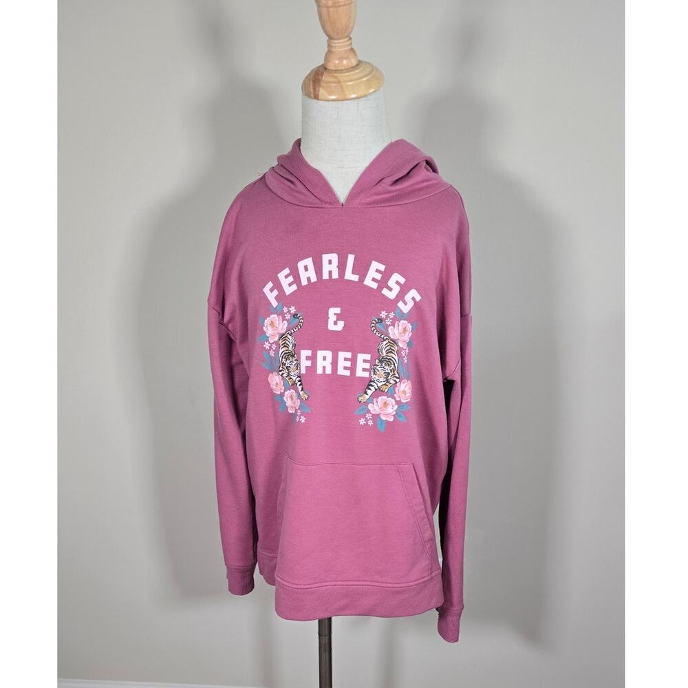 Girls Pink Graphic Hoodie Fearless & Free Floral Pullover Size 8 10 Casual